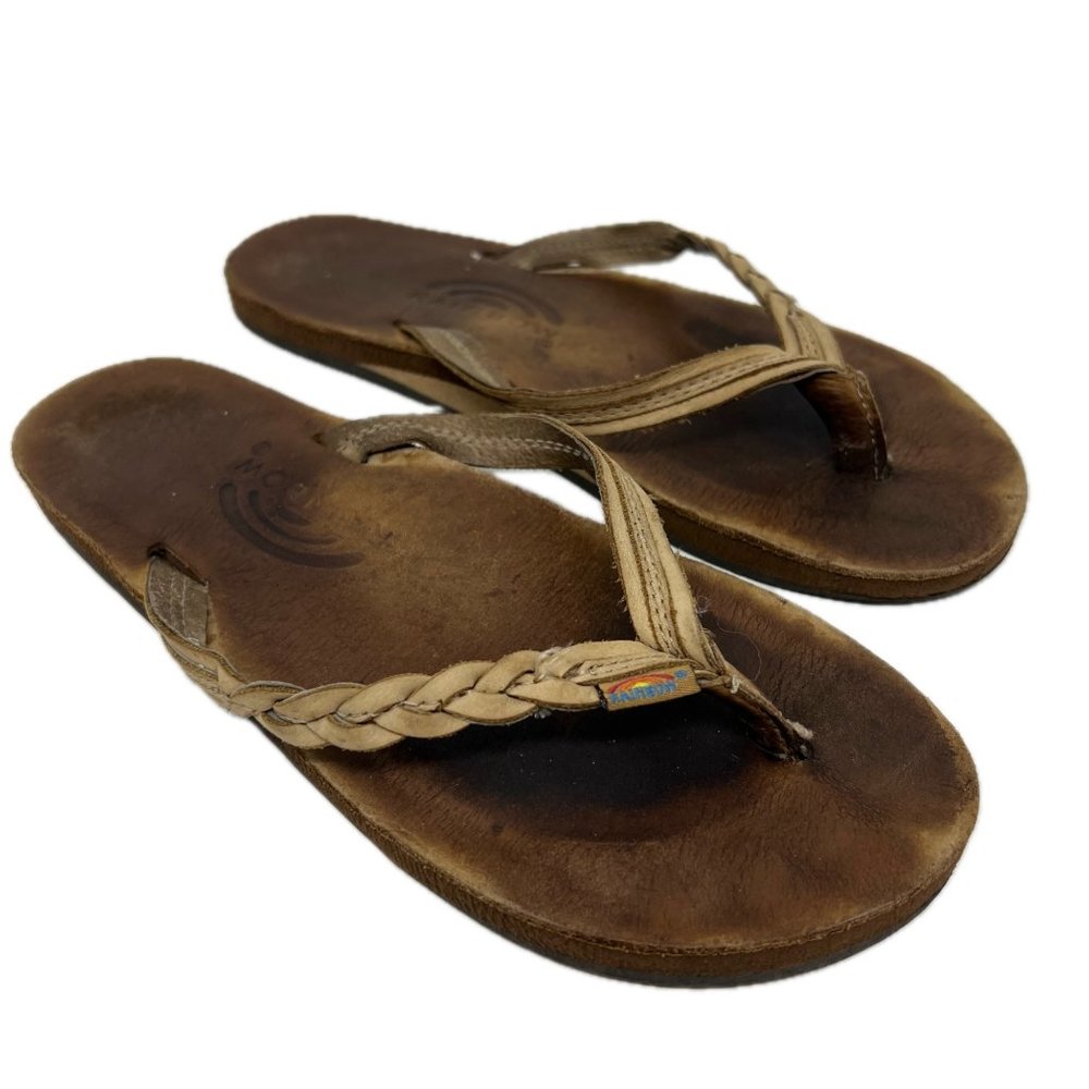 Rainbow Womens Real Leather Braided Thongs Flip Flops Sandals LM (6.5-7.5)